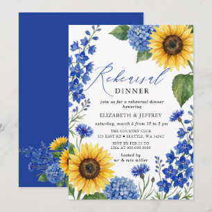 Royal Blue Sunflowers Floral Rehearsal Dinner Invitation