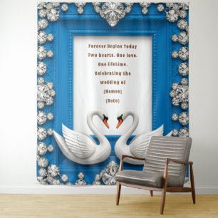 Royal Blue Swan Heart Wedding Backdrop Theme Tapestry