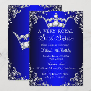 Royal Blue Sweet 16 Silver Pearl Damask crown Invitation