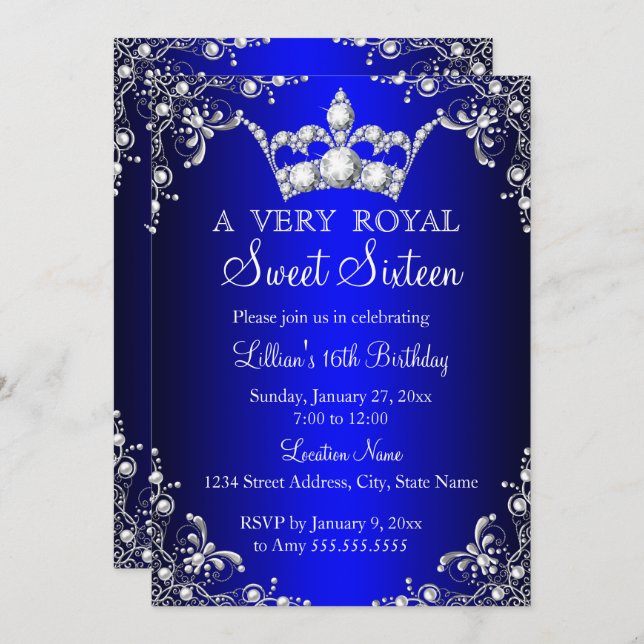 Royal Blue Sweet 16 Silver Pearl Damask crown Invitation (Front/Back)