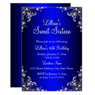 Royal Blue Sweet 16 Silver Pearl Damask Invitation