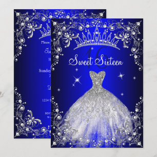 Royal Blue Sweet 16 Silver Pearl Dress party Invitation