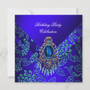Royal Blue Teal Damask Floral Birthday Party Invitation