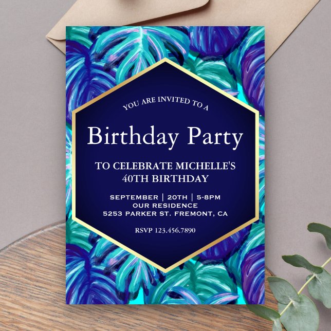 Royal Blue Teal Gold Foil Tropical Leaves Birthday Invitation (Creator Uploaded)
