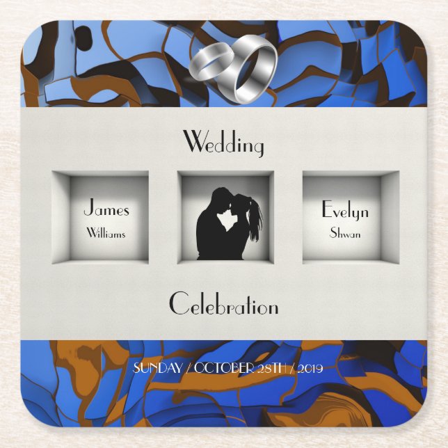 Royal Blue Theme Contemporary Modern Abstract Square Paper Coaster (Front)
