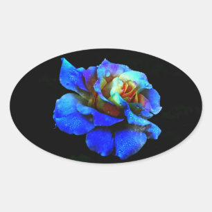 Royal Blue Tie Dyed Rose On Black Oval Sticker