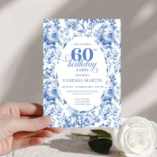 Royal Blue Toile Roses 60th Birthday Invite Printa