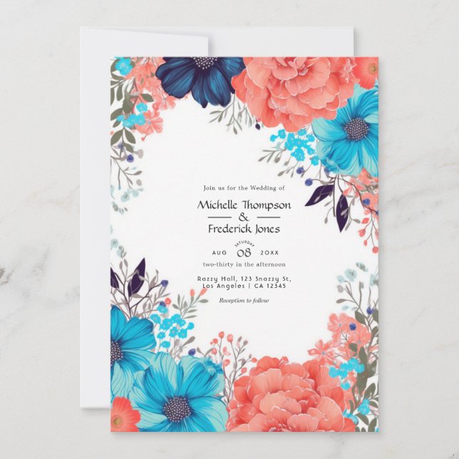 Royal Blue, Turquoise and Coral Floral Wedding Invitation (Front)