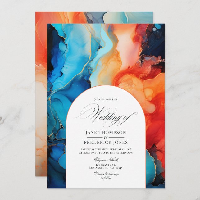 Royal Blue, Turquoise & Coral Alcohol Ink Wedding Invitation (Front/Back)