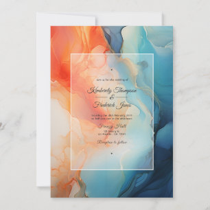Royal Blue, Turquoise & Coral Alcohol Ink Wedding Invitation