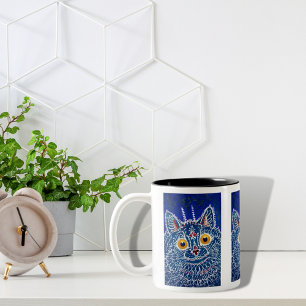 Royal blue unique artistic kaleidoscope cat mug