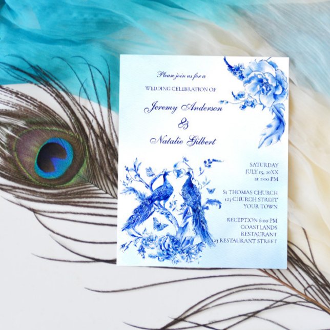 Royal blue victorian peacock budget wedding invite (Creator Uploaded)
