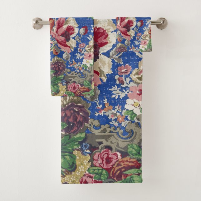 Royal Blue Victorian Rose Ornamental Pattern Bath Towel Set (Insitu)