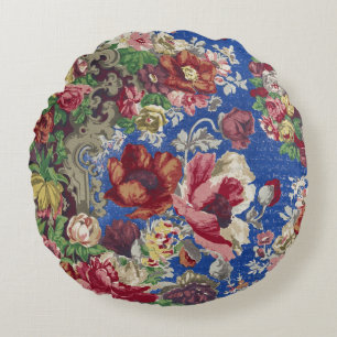 Royal Blue Victorian Rose Ornamental Pattern Round Cushion