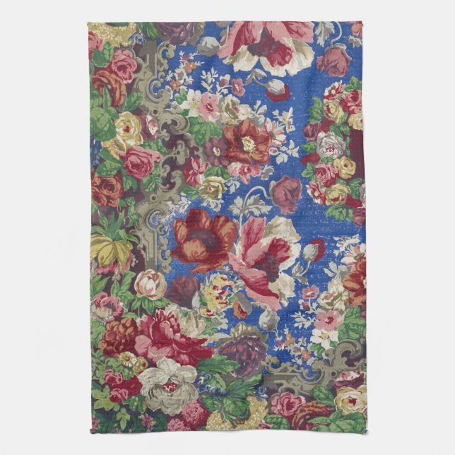 Royal Blue Victorian Rose Ornamental Pattern Tea Towel (Vertical)