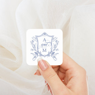 Royal Blue Vintage Crest Wedding Square Sticker