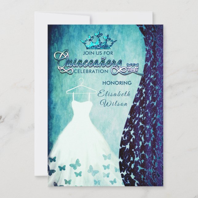Royal blue vintage dress damask tiara Quinceañera Invitation (Front)
