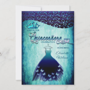 Royal blue vintage dress damask tiara Quinceañera Invitation