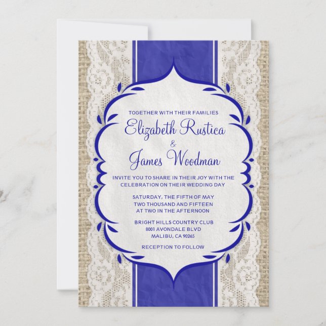 Royal Blue Vintage Linen Burlap Wedding Invitation (Front)