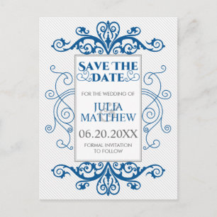 Royal Blue Vintage Swirls Wedding Save The Date Announcement Postcard