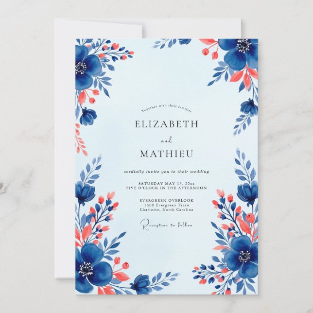 Royal Blue Vivacious Floral Wedding Invitation (Front)