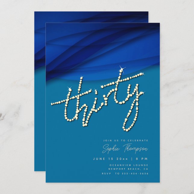 Royal Blue Voile Rhinestones Elegant 30th Birthday Invitation (Front/Back)