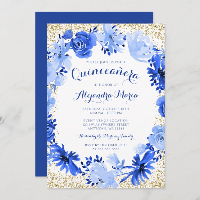 Royal Blue Watercolor Floral Gold Quinceanera Invitation (Front/Back)