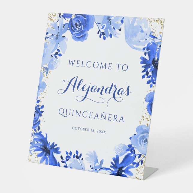 Royal Blue Watercolor Floral Gold Quinceanera Pedestal Sign (Front)