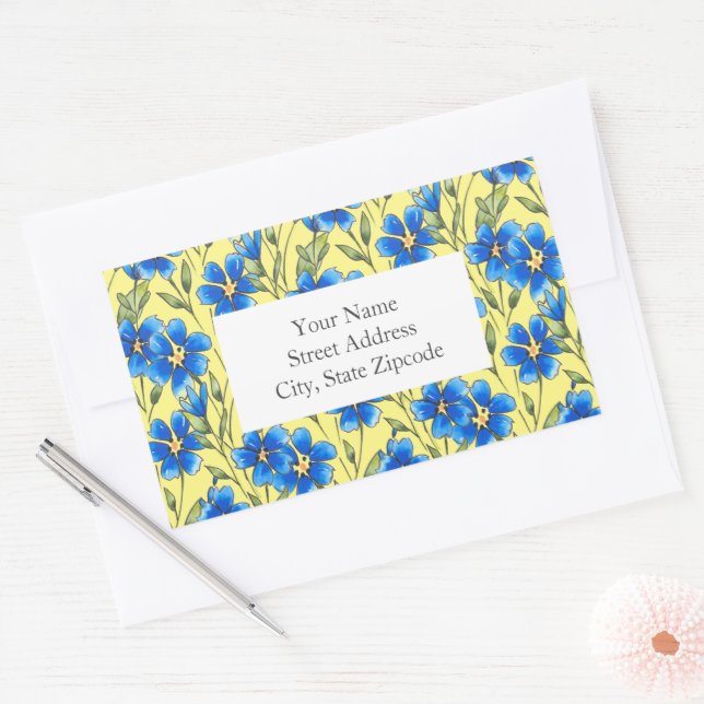 Royal Blue Watercolor Floral Stem Pattern Labels (Envelope)