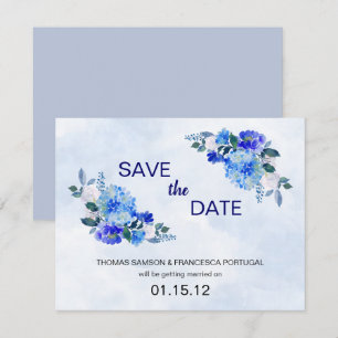 Royal Blue Watercolor Floral Wedding Save the Date Invitation