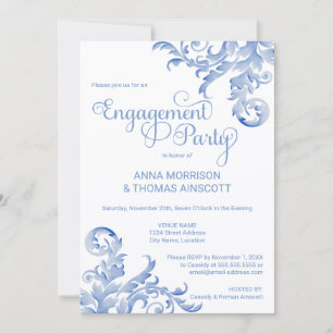 Royal Blue Watercolor Flourish Engagement Party Invitation