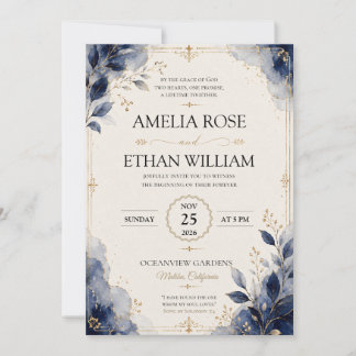 Royal Blue Watercolor Leaf Wedding Invitation