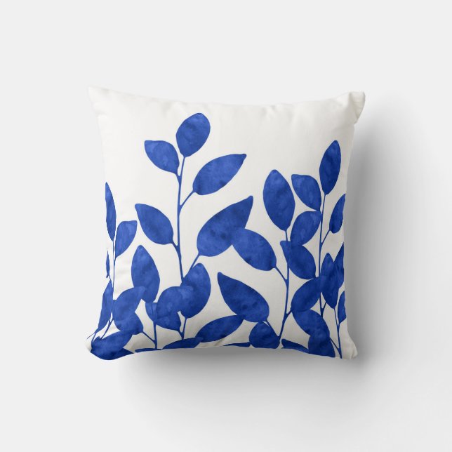 Royal Blue Watercolor Leaves Cushion (Front)