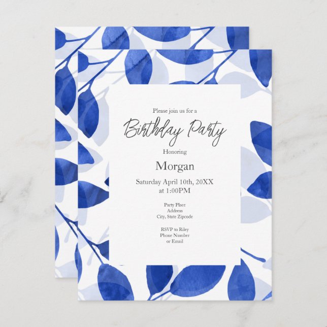 Royal Blue Watercolor Leaves   Invitation (Front/Back)