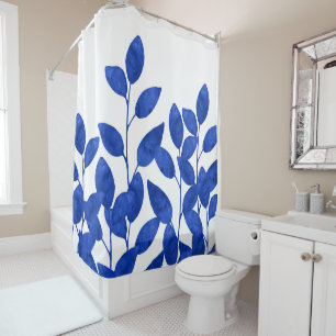 Royal Blue Watercolor Leaves Shower Curtain