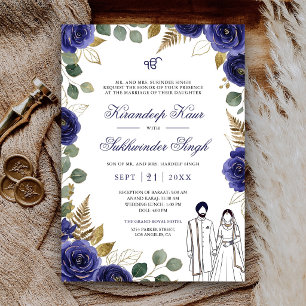 Royal Blue Watercolor Roses Floral Sikh Wedding Invitation