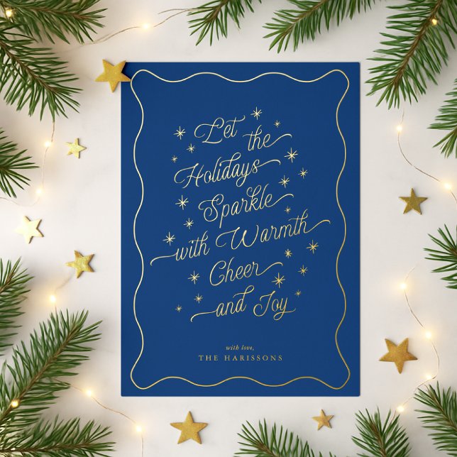 Royal Blue Wavy Border Sparkle Modern Holiday Card (Creator Uploaded)