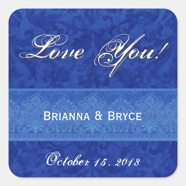 Royal Blue Wedding Bride Groom Damask Square Sticker (Front)
