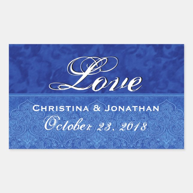 Royal Blue Wedding Love Damask and Ribbon Rectangular Sticker (Front)