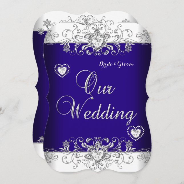 Royal Blue Wedding Silver Diamond Hearts b Invitation (Front/Back)