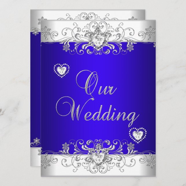 Royal blue Wedding Silver Diamond Hearts Invitation (Front/Back)
