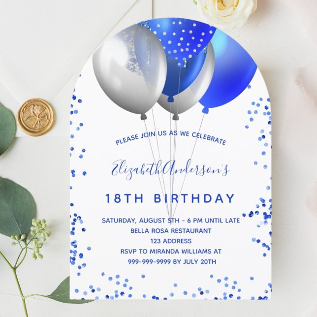 Royal blue white balloons birthday arch invitation (Creator Uploaded)