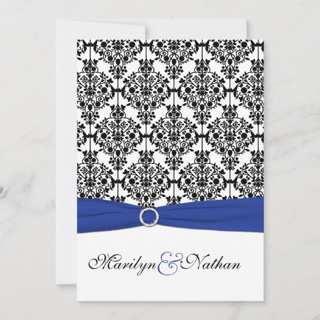 Royal Blue, White, Black Damask Wedding Invitation (Front)