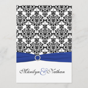 Royal Blue, White, Black Damask Wedding Invitation