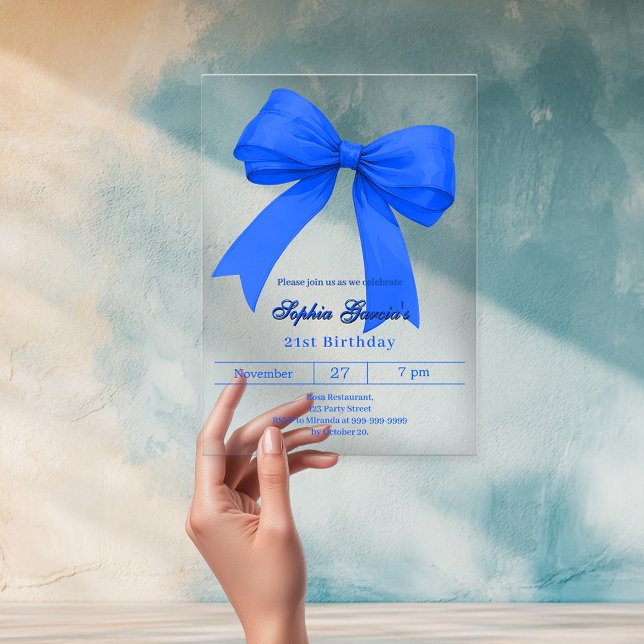 Royal blue white bow birthday clear acrylic invitations (Creator Uploaded)