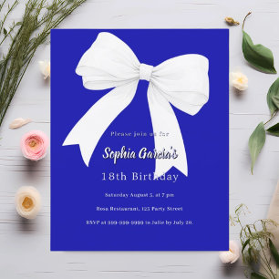 Royal blue white bow Birthday invitation