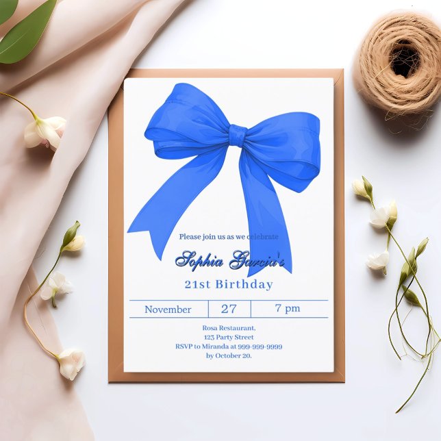 Royal blue white bow birthday invitation (Creator Uploaded)