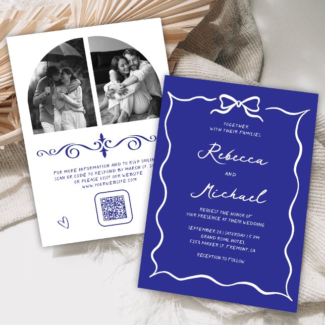 Royal Blue White Bow QR Code Photo Wedding Invitation (Creator Uploaded)