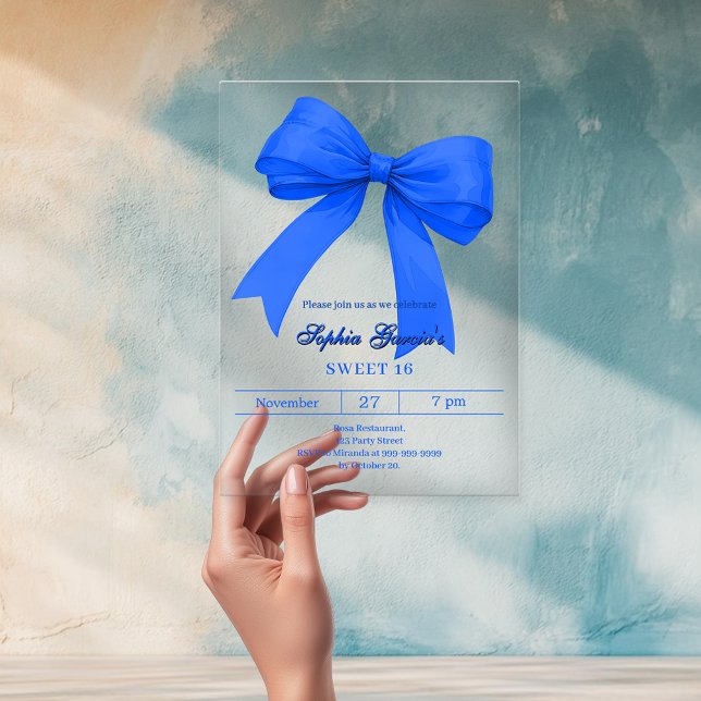 Royal blue white bow SWEET 16 clear Acrylic Invitations (Creator Uploaded)