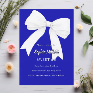 Royal blue white bow Sweet 16 Invitation
